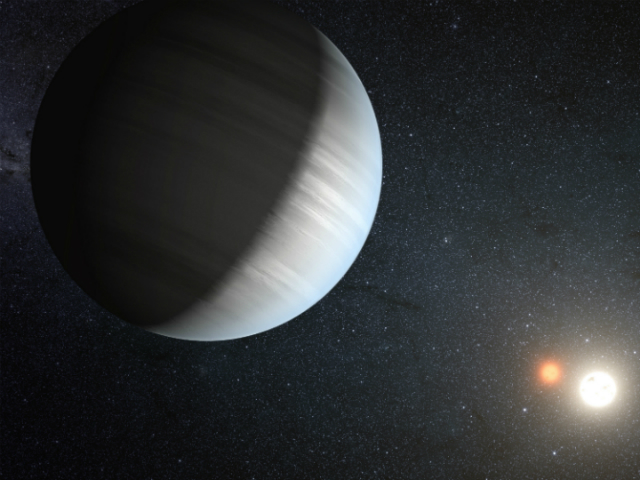 Экзопланета в системе с двумя звёздами в представлении художника (иллюстрация NASA/JPL-Caltech/T. Pyle).