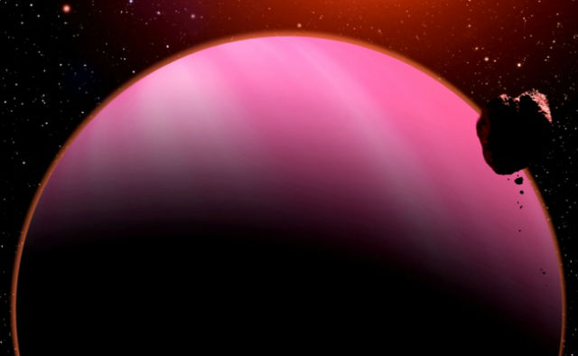 Экзопланета HAT-P-11b примерно в четыре раза больше Земли, но её масса больше в 26 раз (иллюстрация David A. Aguilar/CfA). 