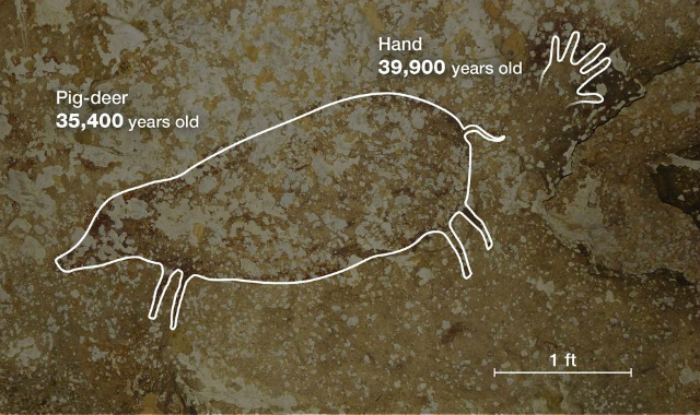 Трафаретное изображение руки и рисунок свиньи-бабируссы (фото M. Aubert, etal., 2014, Nature). 