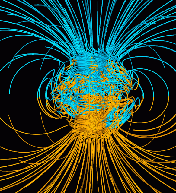 Магнитное поле Земли в периоды нормальной полярности (иллюстрация Dr. Gary A. Glatzmaier/Los Alamos National Laboratory/U.S. Department of Energy/Wikimedia Commons). 