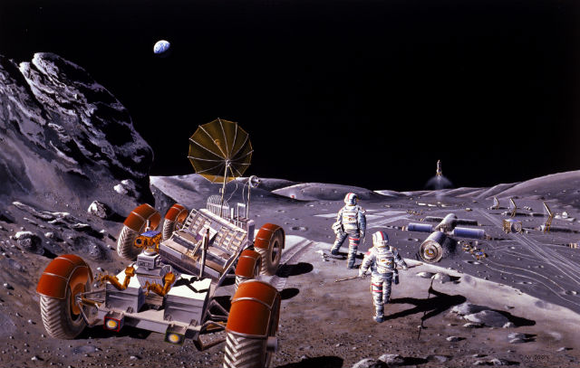 Обитатели лунной базы смогут превращать свои отходы в топливо (иллюстрация NASA/Wikimedia Commons). 