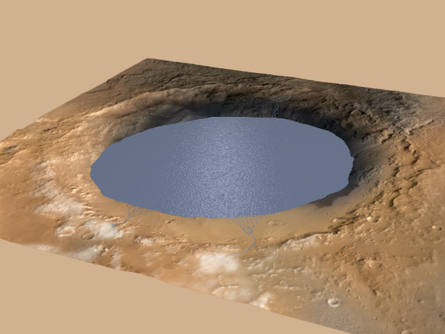Иллюстрация показывает кратер Гейла, частично заполненный водой, в который с северного края стекают талые воды (иллюстрация NASA/JPL-Caltech/ESA/DLR/FU Berlin/MSSS).