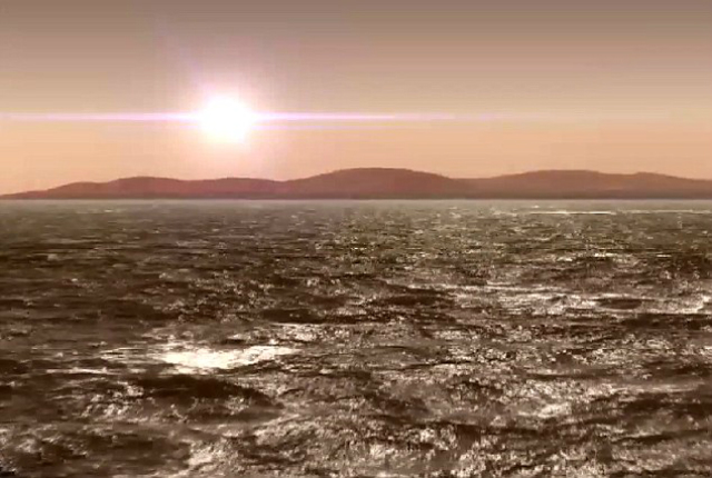В период Нойской геологической эпохи 3,7-4,1 миллиарда лет тому назад Марс, как полагают учёные, имел достаточно воды, чтобы покрыть всю поверхность планеты слоем глубиной в 137 метров. (иллюстрация NASA). 