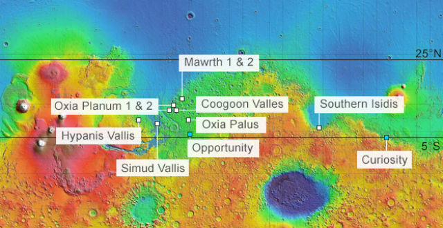 На карте отмечены восемь точек-кандидатов для будущей миссии ExoMars, а также места, где высадились "Кьюриосити" и "Оппортьюнити" (иллюстрация ESA, NASA). 