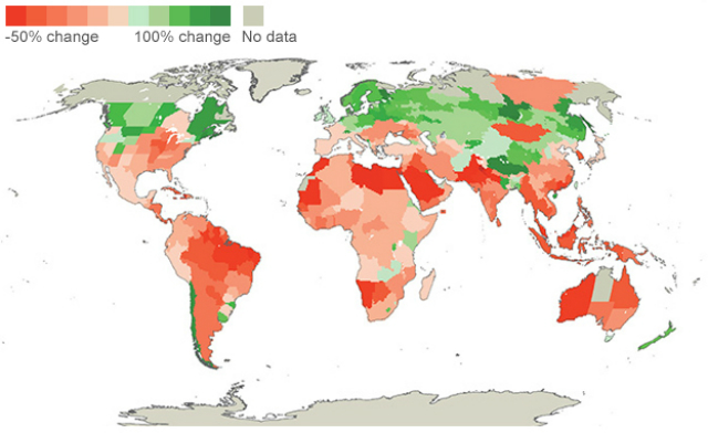 Предполагаемое влияние увеличения климата на 3 градуса на урожайность к 2050 году (иллюстрация World Resources Institute).