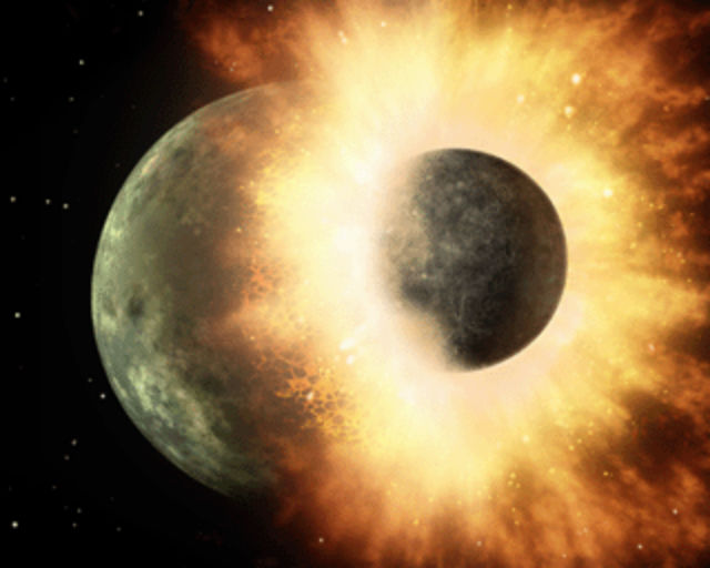 Луна сформировалась из обломков Земли и врезавшегося в неё небесного тела (иллюстрация Wikimedia Commons). 