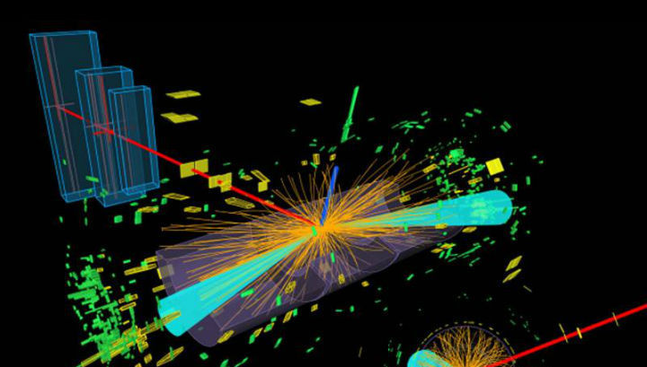 Бозон Хиггса распадается на тау-лептоны, которые в свою очередь распадаются на электроны (синяя линия) и мюоны (красная линия) (иллюстрация ATLAS). 
